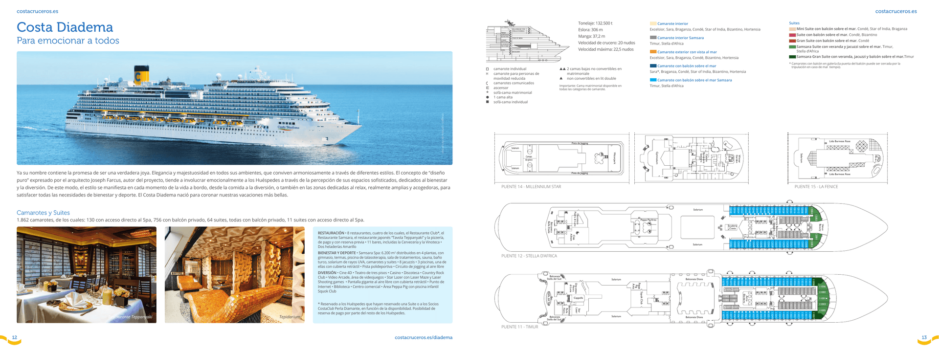 Costa Diadema — portada oficial del barco con foto exterior, tonelaje 132.500 t, eslora 306 m y descripción de cabinas