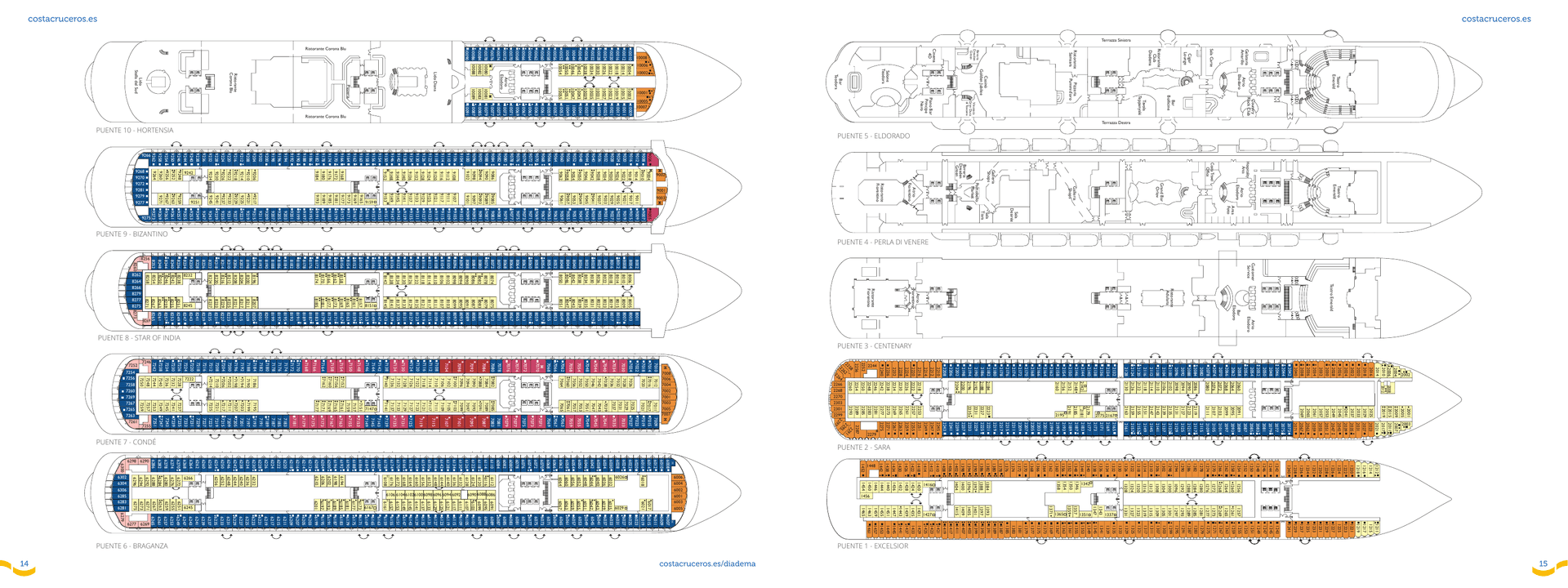 Costa Diadema — plano oficial de cubiertas con distribución completa de camarotes y espacios comunes