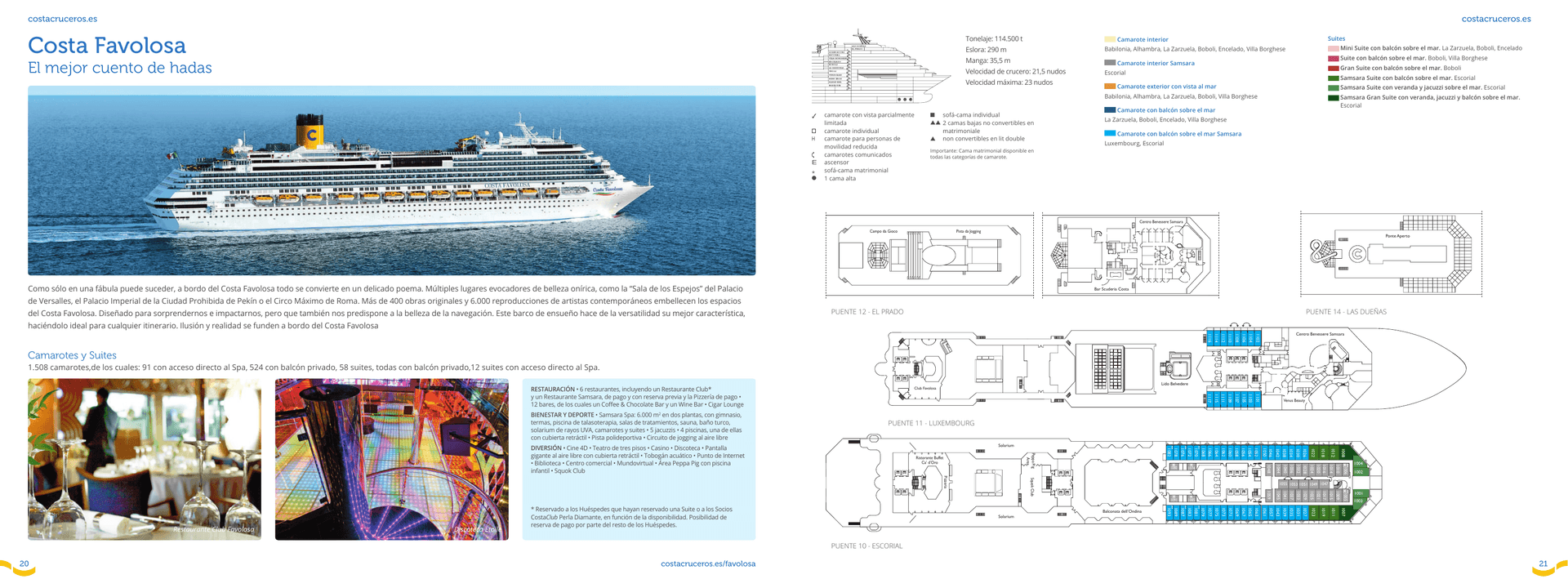 Costa Favolosa — portada oficial del barco con foto exterior, tonelaje 114.500 t y descripción de cabinas y suites