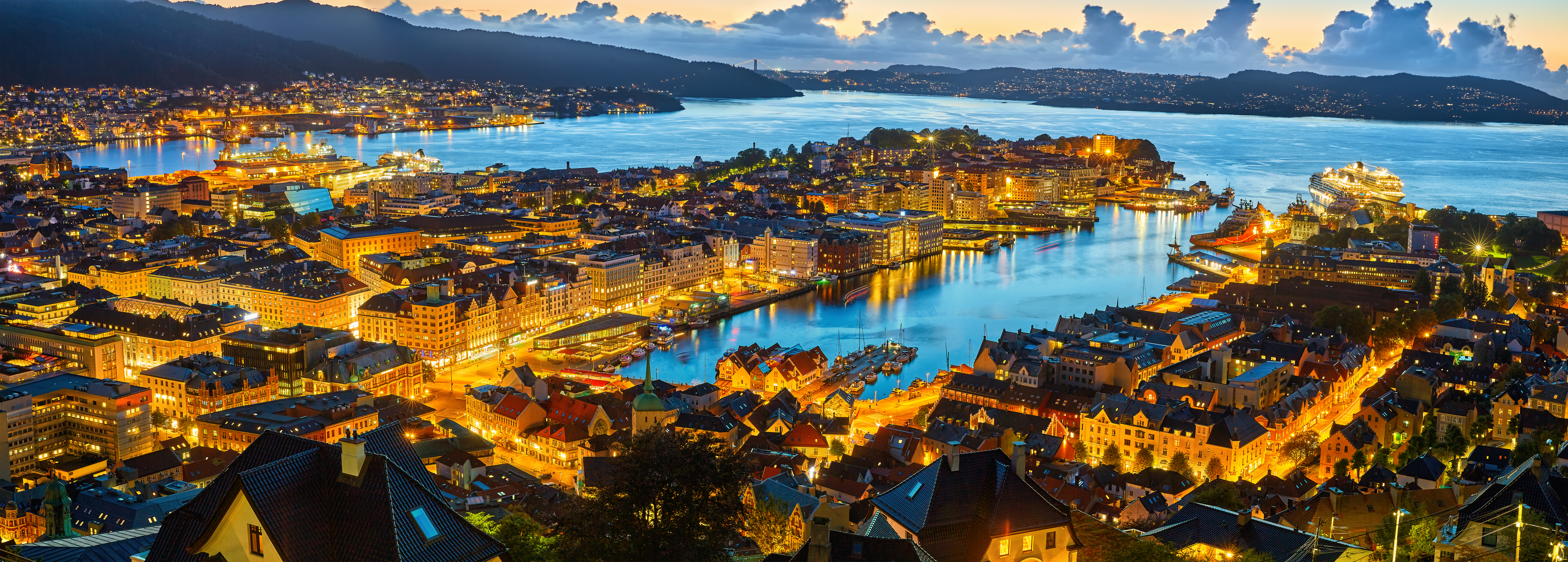 Vista panorámica de Bergen, con sus casas coloridas y el puerto