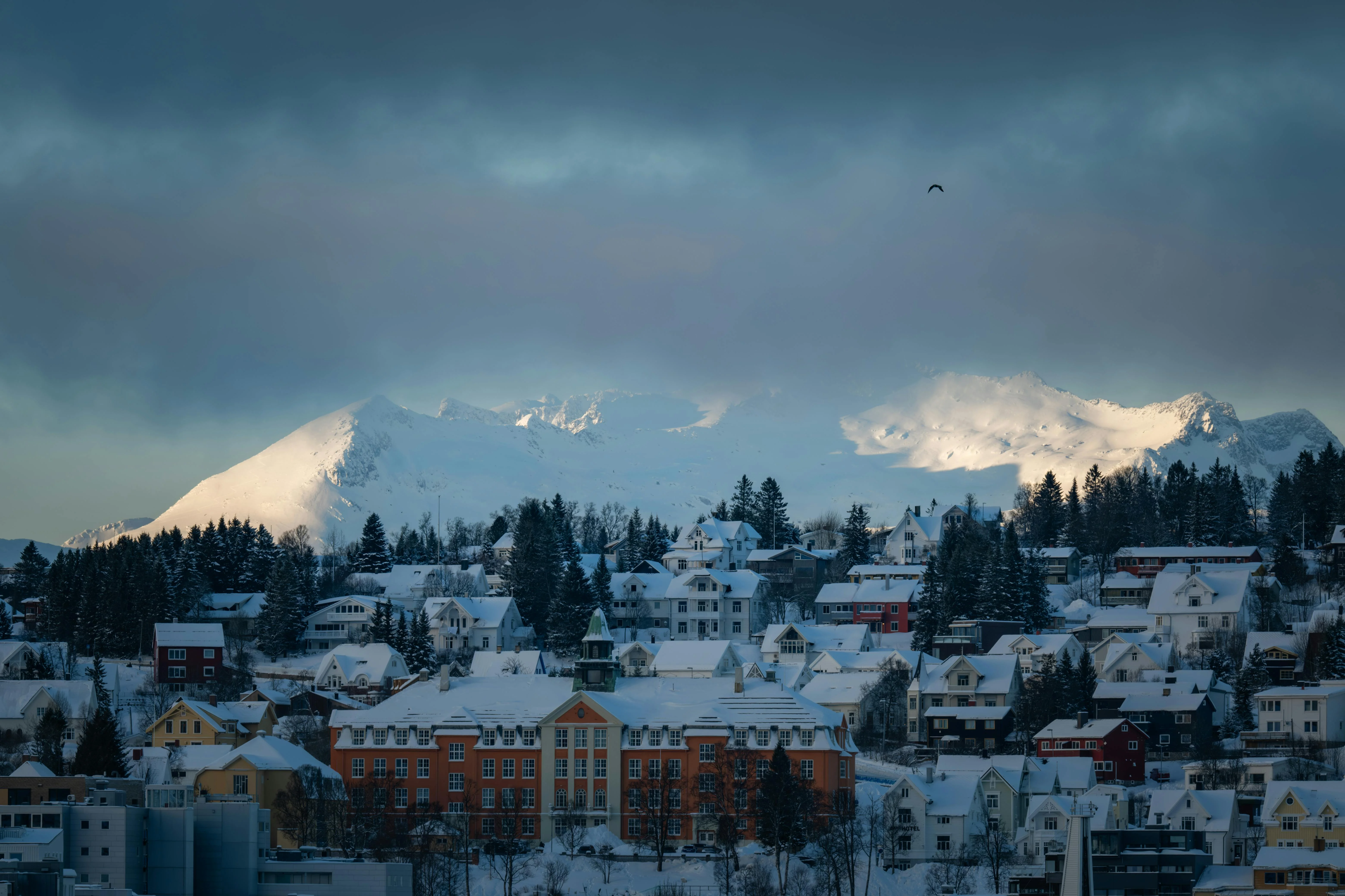 Vista panorámica invernal de Bodø con nieve, montañas y la ciudad